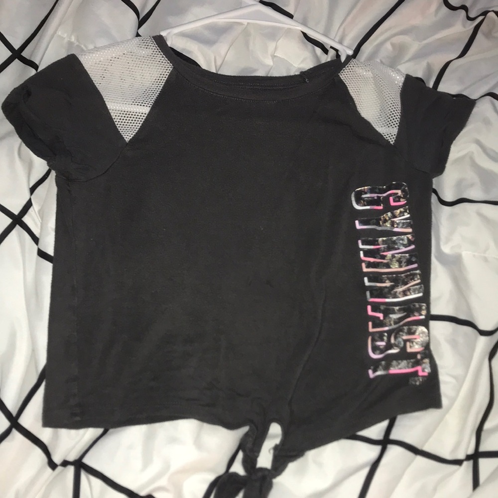 Dark gray, justice, crop that says “GYMNAST”